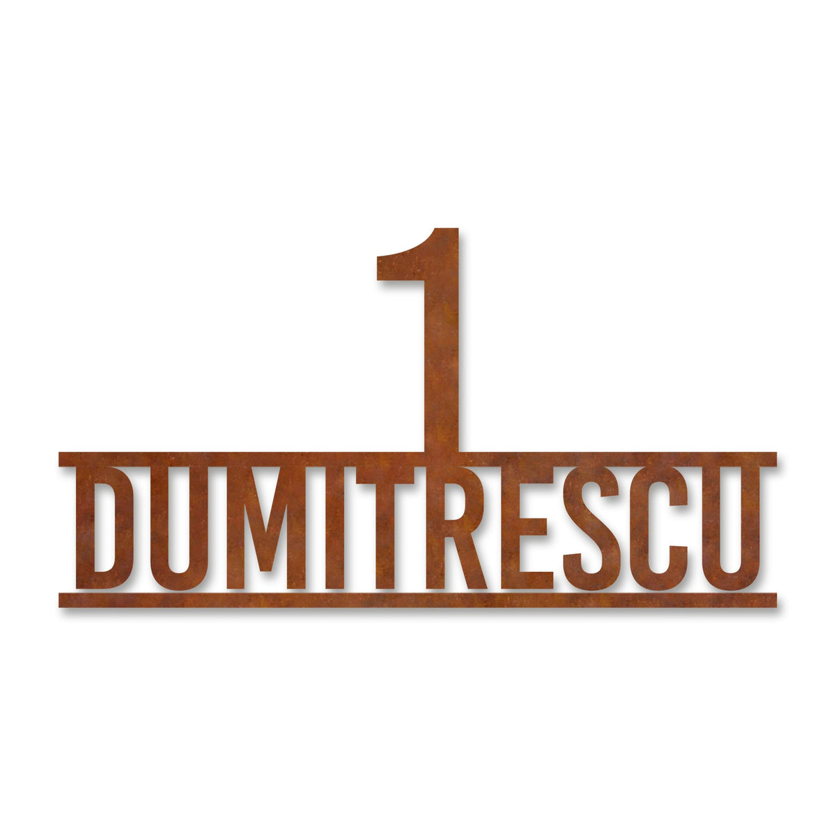 Număr mare deasupra numelui, oțel Corten cu patină de rugină · MOHAVE
