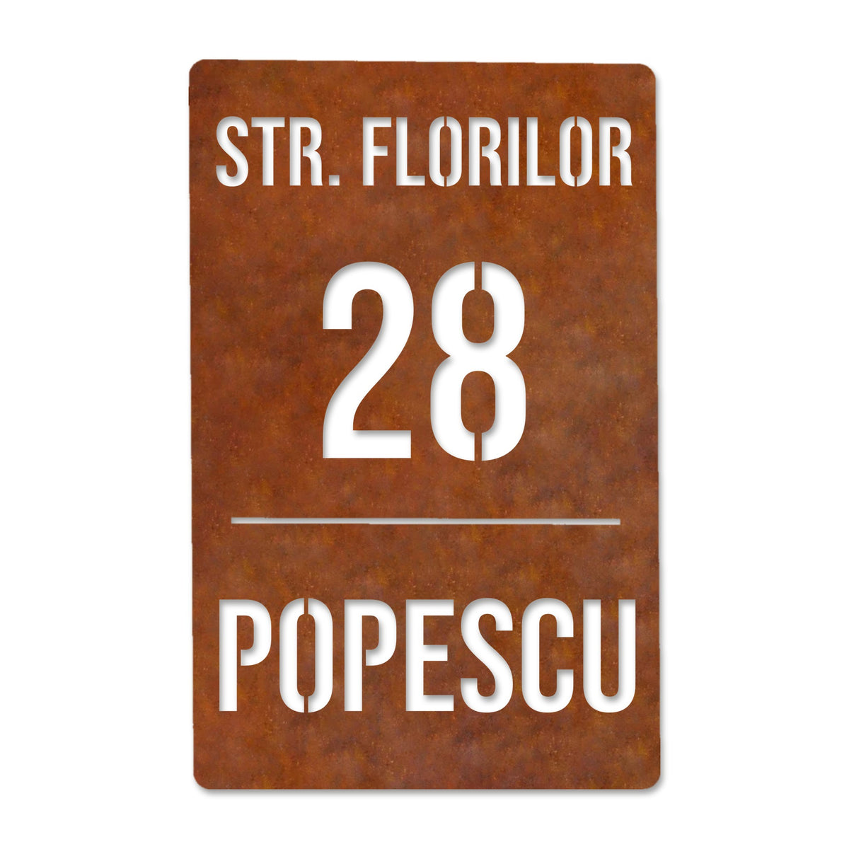Plăcuță cu număr de casă pe 3 rânduri (verticală), oțel Corten cu patină de rugină · MOHAVE