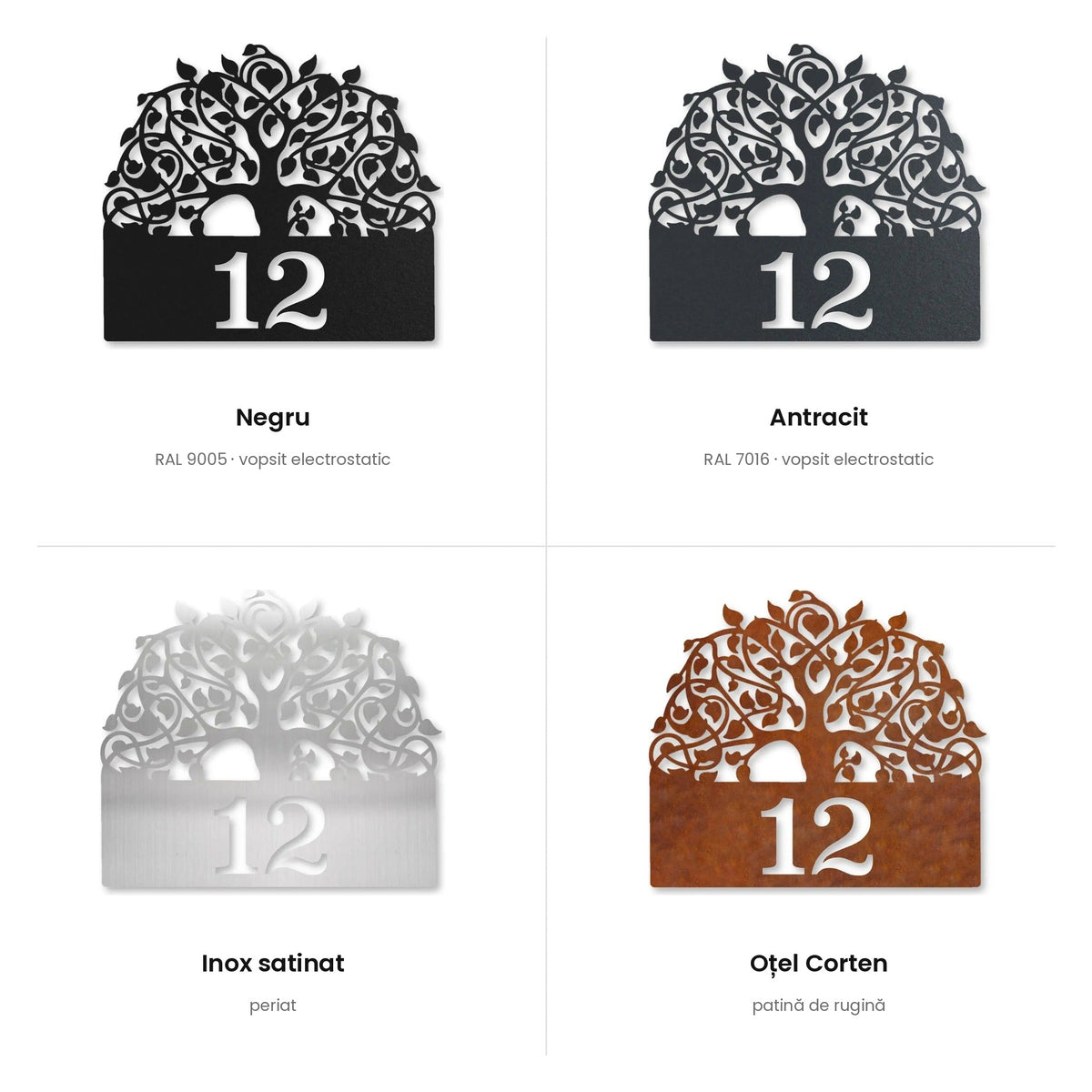 Arborele vieții cu număr – toate finisajele: negru, antracit, inox satinat, oțel Corten · MOHAVE