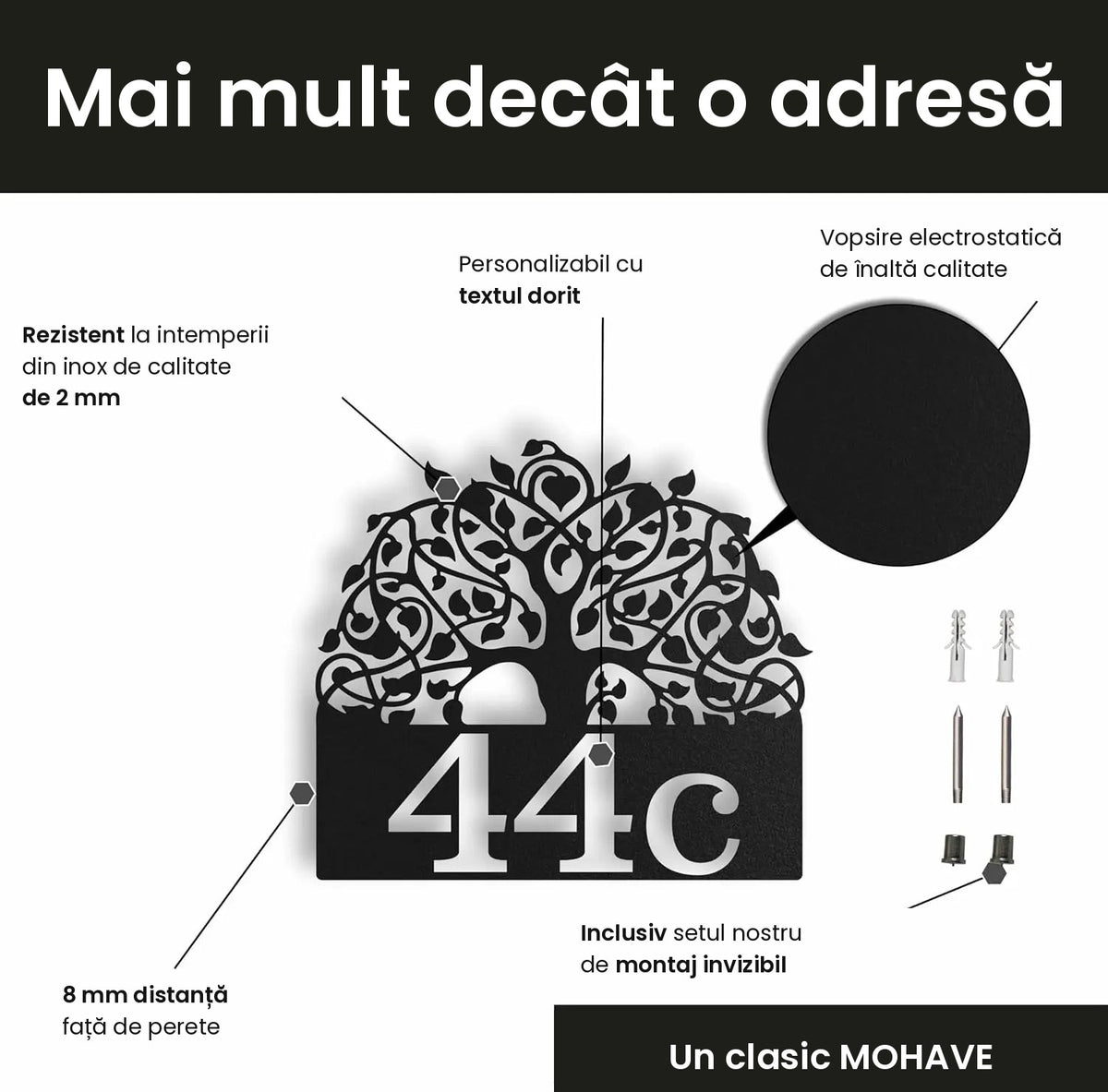 Număr de casă din inox, personalizat – Arborele vieții cu număr, tăiat cu laser · MOHAVE