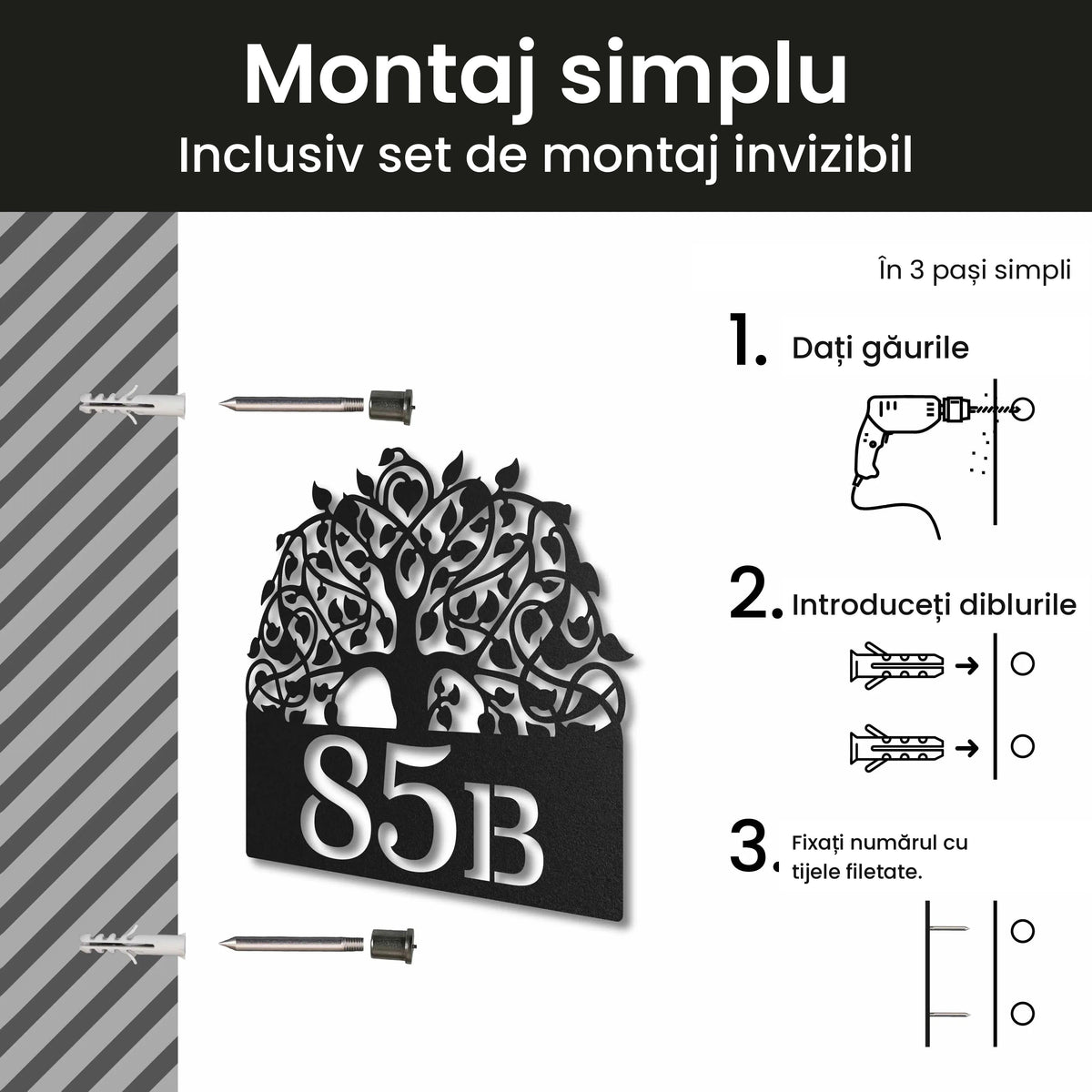 Număr de casă din inox, personalizat – Arborele vieții cu număr, montaj invizibil cu setul de montaj · MOHAVE