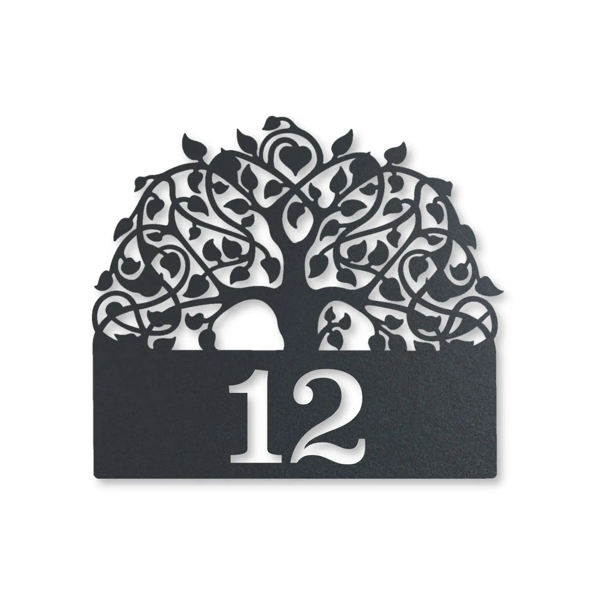 Număr de casă din inox, personalizat – Arborele vieții cu număr, inox antracit RAL 7016 · MOHAVE [checkout]