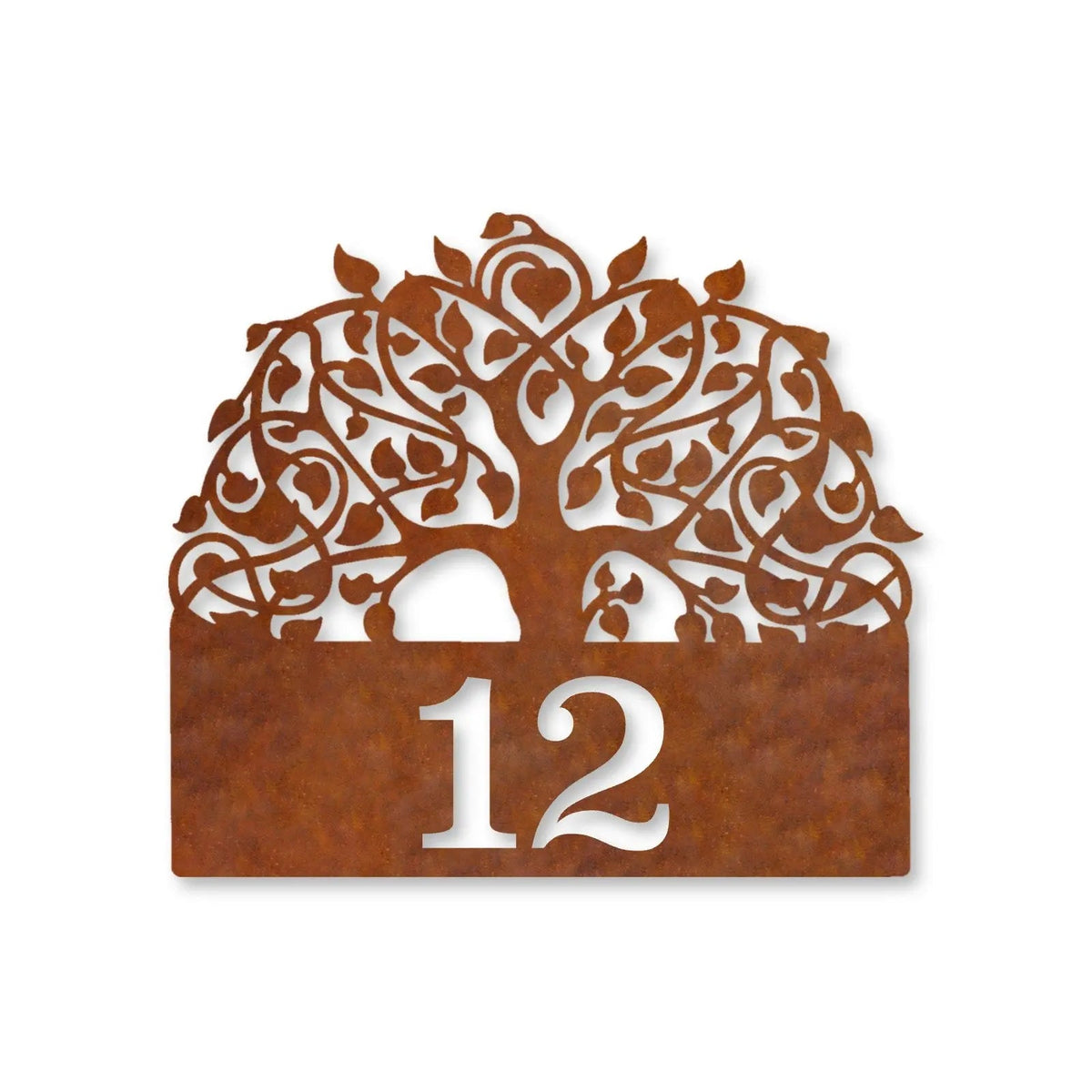 Număr de casă din inox, personalizat – Arborele vieții cu număr, oțel Corten cu patină de rugină · MOHAVE [checkout]