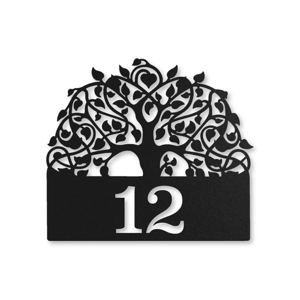 Număr de casă din inox, personalizat – Arborele vieții cu număr, inox negru RAL 9005 · MOHAVE [checkout]