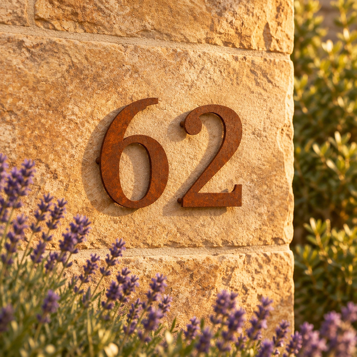 Număr de casă din inox, personalizat – Număr de casă Elegant „62” din oțel Corten pe peretele casei · MOHAVE