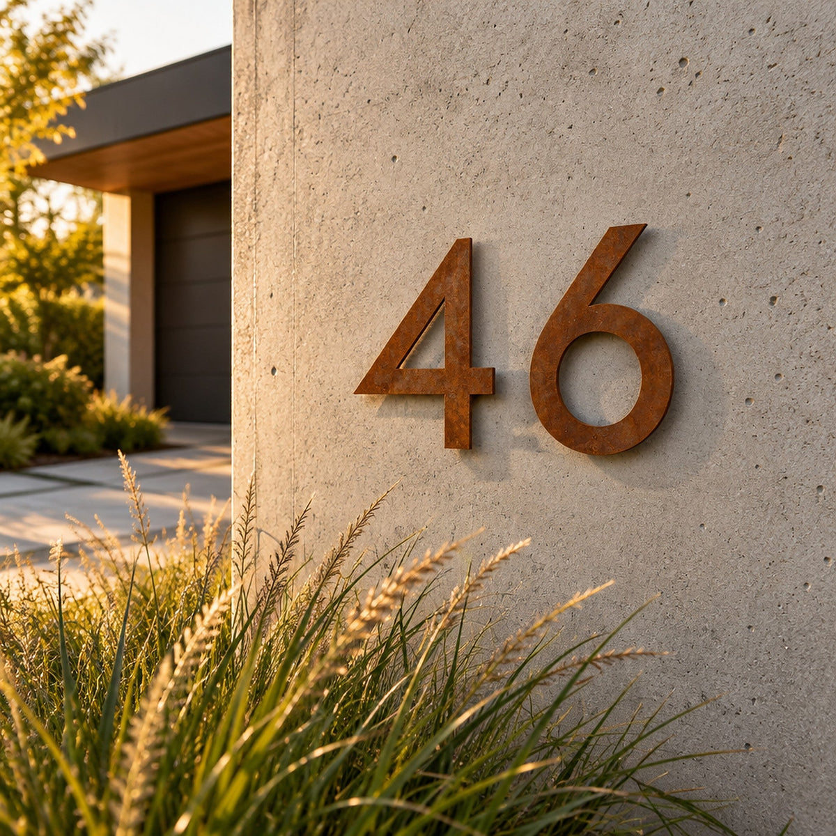 Număr de casă din inox, personalizat – Număr de casă Geometric „46” din oțel Corten pe peretele casei · MOHAVE