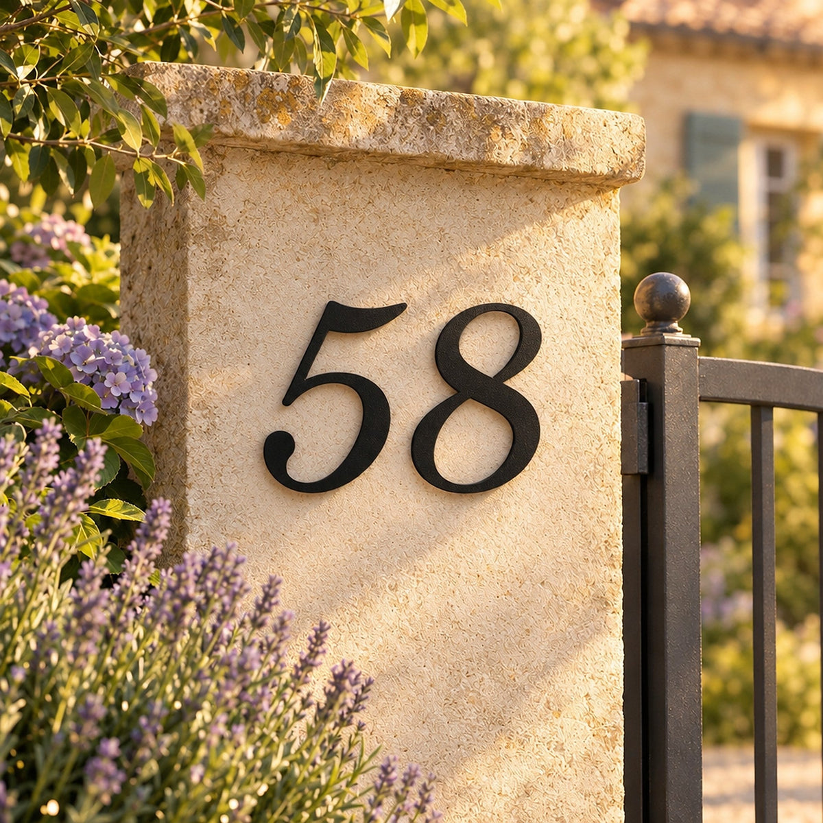 Număr de casă din inox, personalizat – Număr de casă Cursiv „58” negru pe stâlpul gardului · MOHAVE