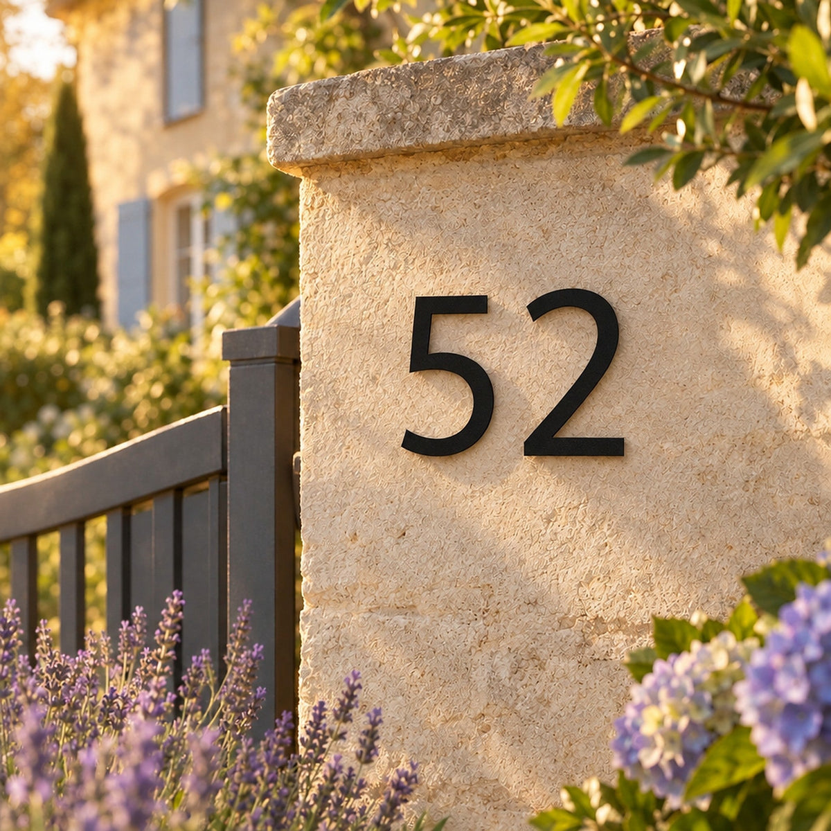 Număr de casă personalizat din inox – Număr de casă modern „52” în negru, pe stâlpul gardului · MOHAVE