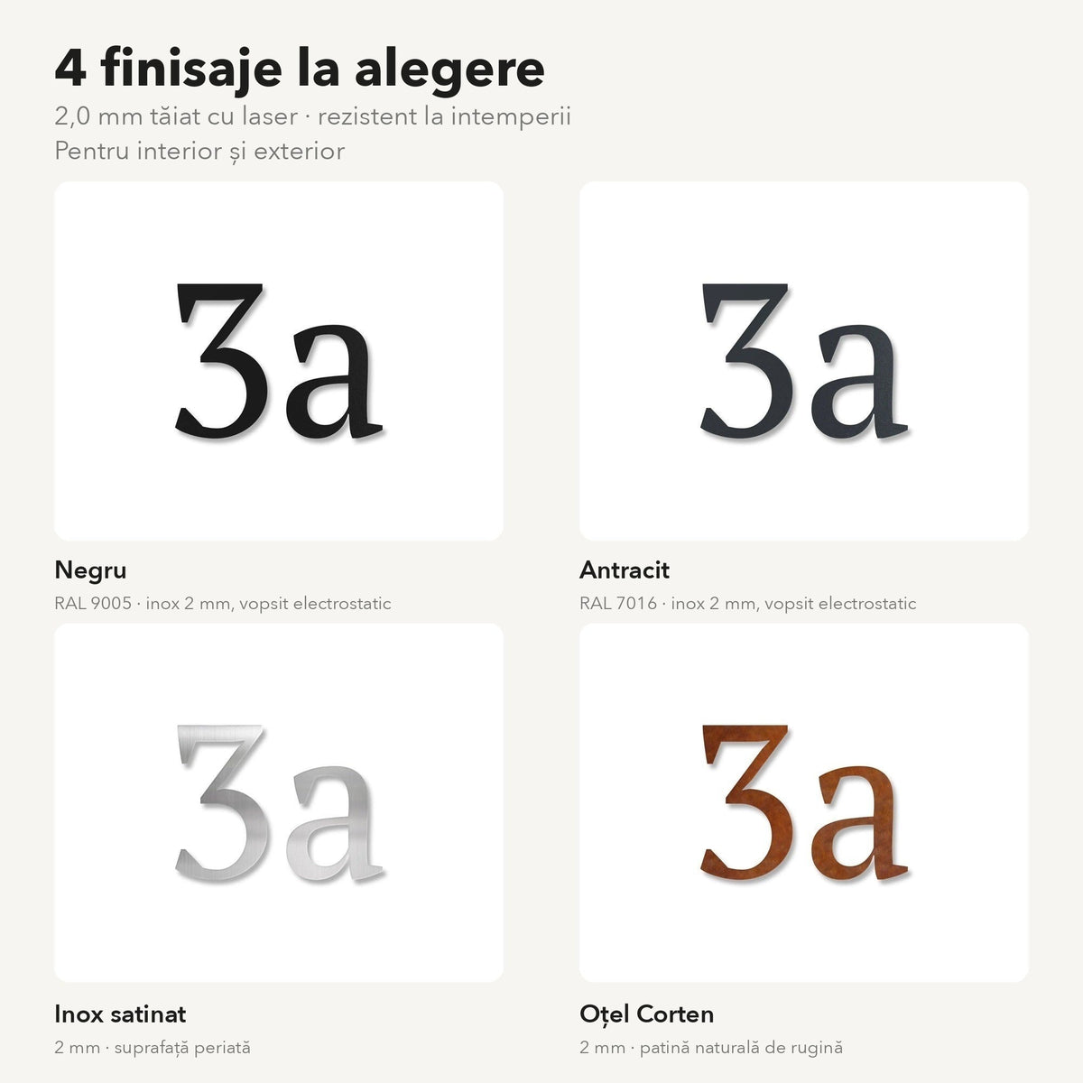 Număr de casă din inox, personalizat – Număr de casă atemporal, 4 finisaje la alegere – negru, antracit, inox satinat, oțel Corten · MOHAVE