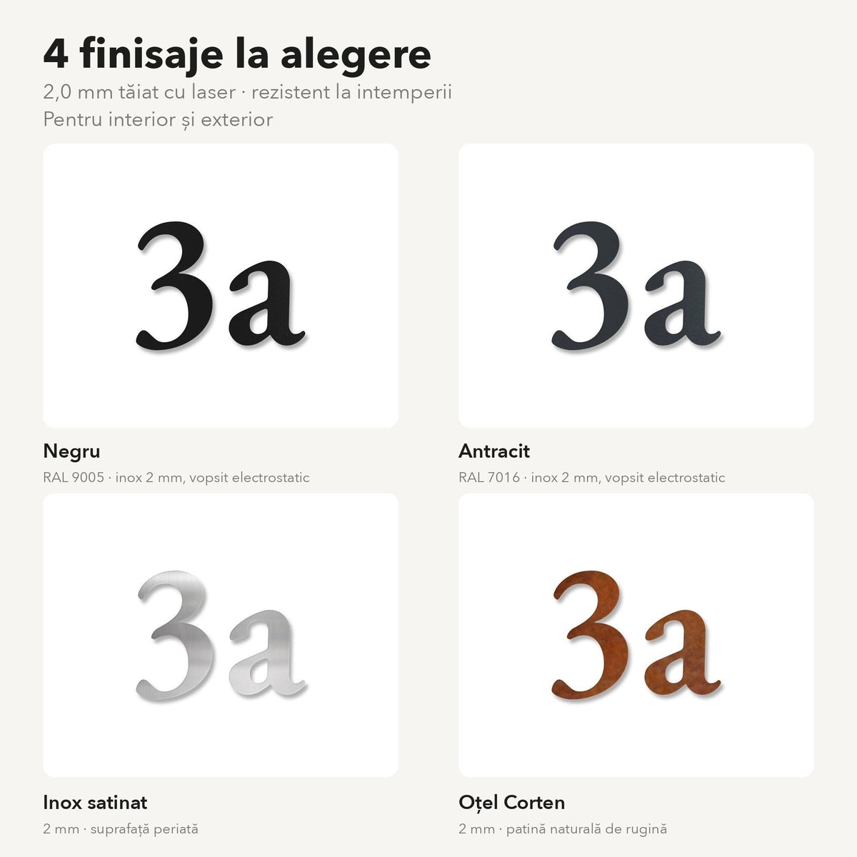 Număr de casă personalizat din inox – Număr de casă clasic, 4 finisaje la alegere – negru, antracit, inox satinat, oțel Corten · MOHAVE