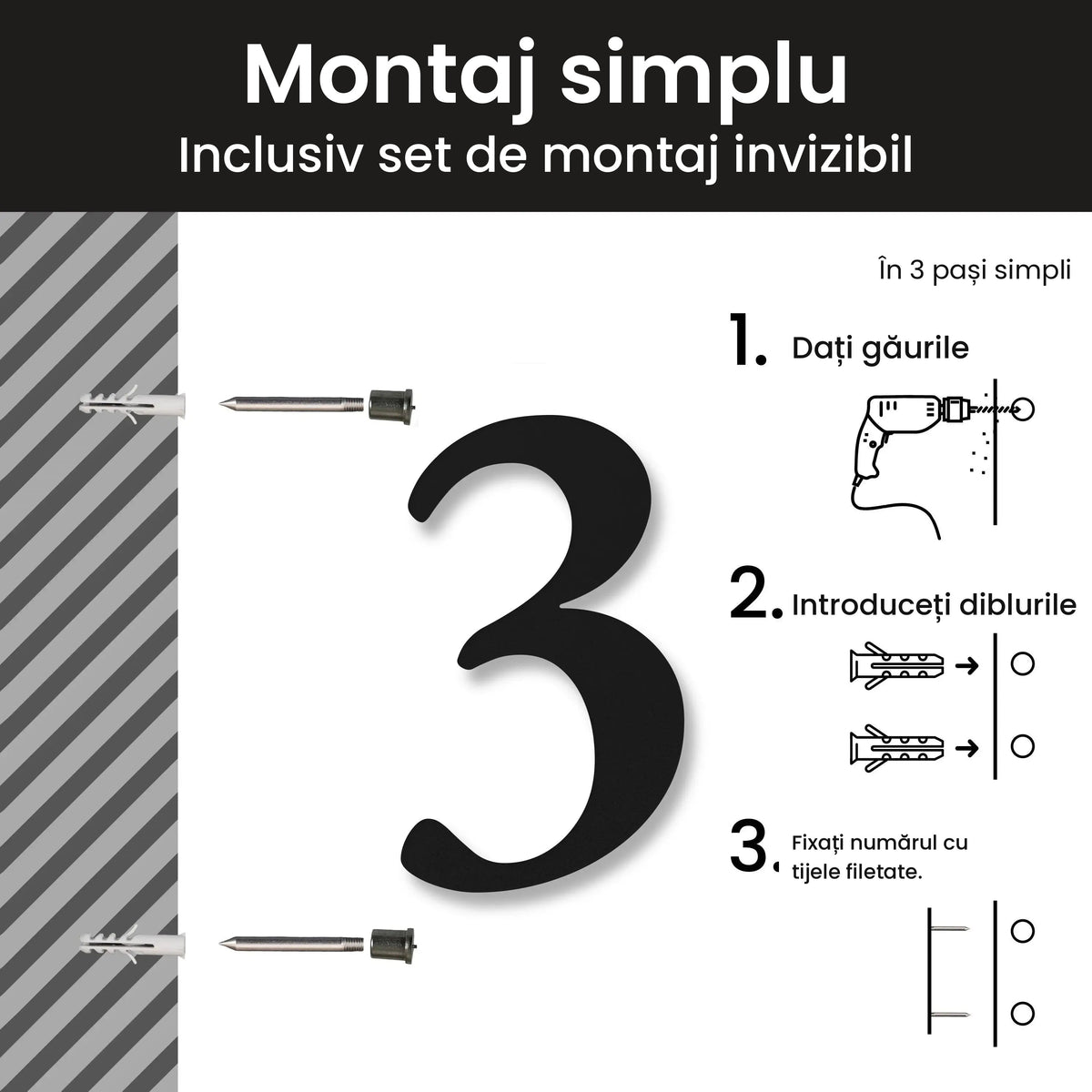 Număr de casă personalizat din inox – Număr de casă clasic, montaj simplu cu set de montaj invizibil · MOHAVE
