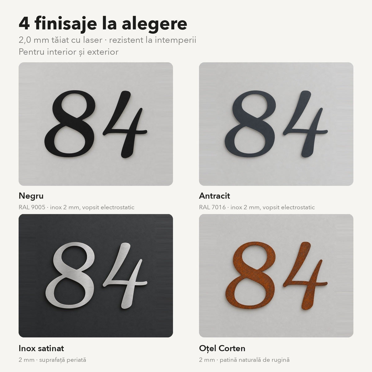Număr de casă din inox, personalizat – Număr de casă Cursiv, 4 finisaje la alegere – negru, antracit, inox satinat, oțel Corten · MOHAVE