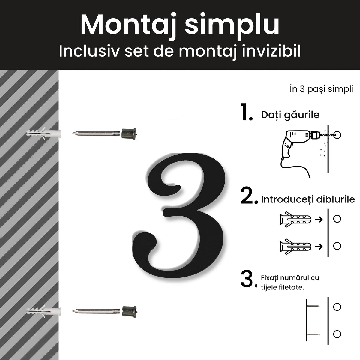 Număr de casă din inox, personalizat – Număr de casă Cursiv, montaj simplu și invizibil cu setul de montaj · MOHAVE