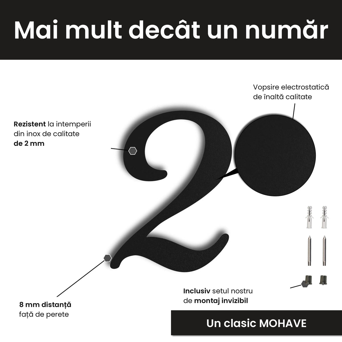 Număr de casă din inox, personalizat – Număr de casă Cursiv, personalizați cu numărul și textul dorit · MOHAVE