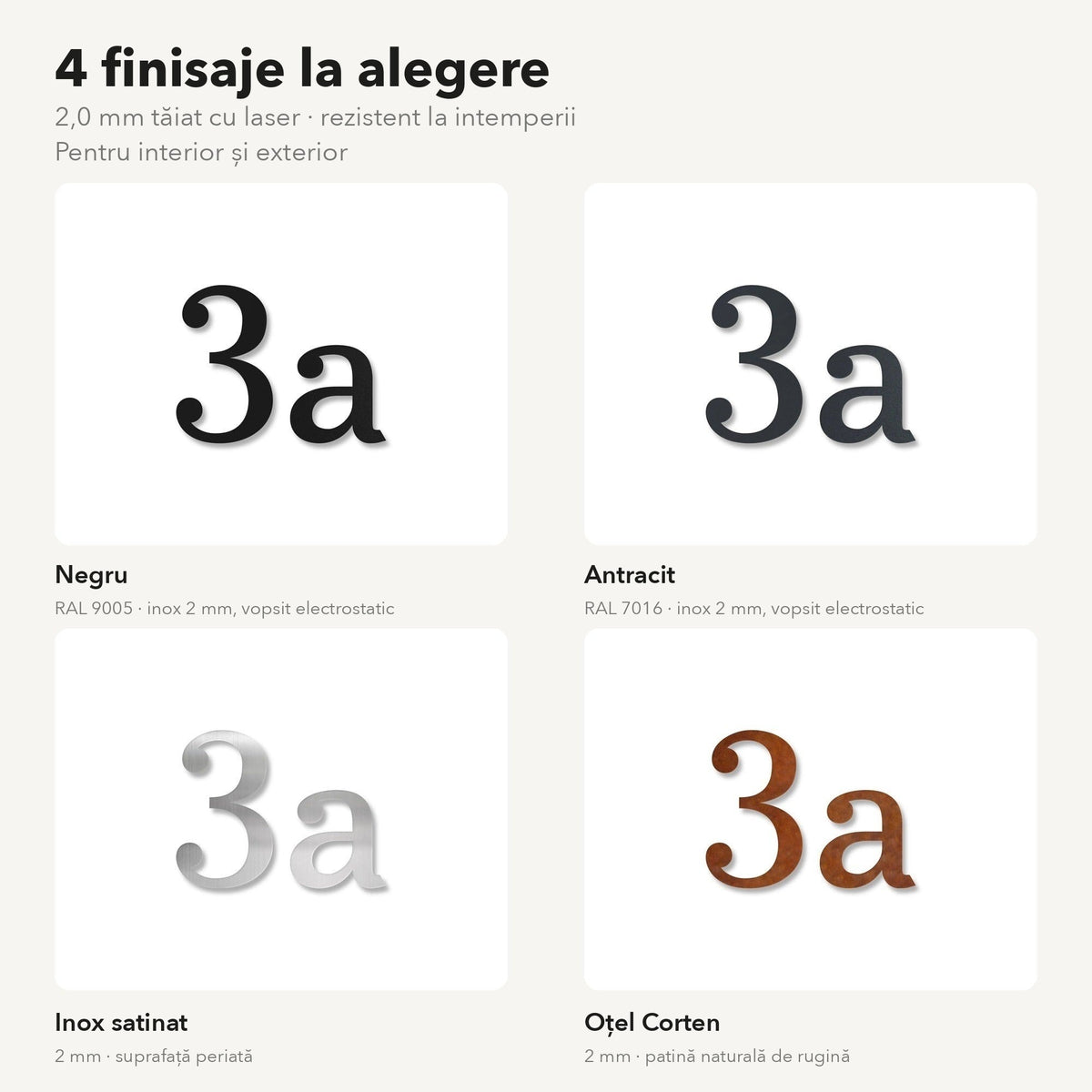 Număr de casă din inox, personalizat – Număr de casă Elegant, 4 finisaje la alegere – negru, antracit, inox satinat, oțel Corten · MOHAVE