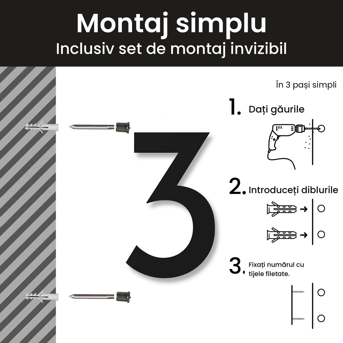 Număr de casă din inox, personalizat – Număr de casă Geometric, montaj simplu și invizibil cu setul de montaj · MOHAVE