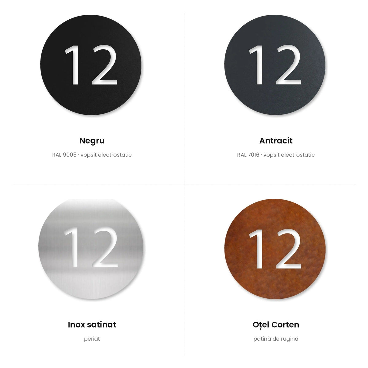 Număr de casă în cerc – toate finisajele: negru, antracit, inox satinat, oțel Corten · MOHAVE