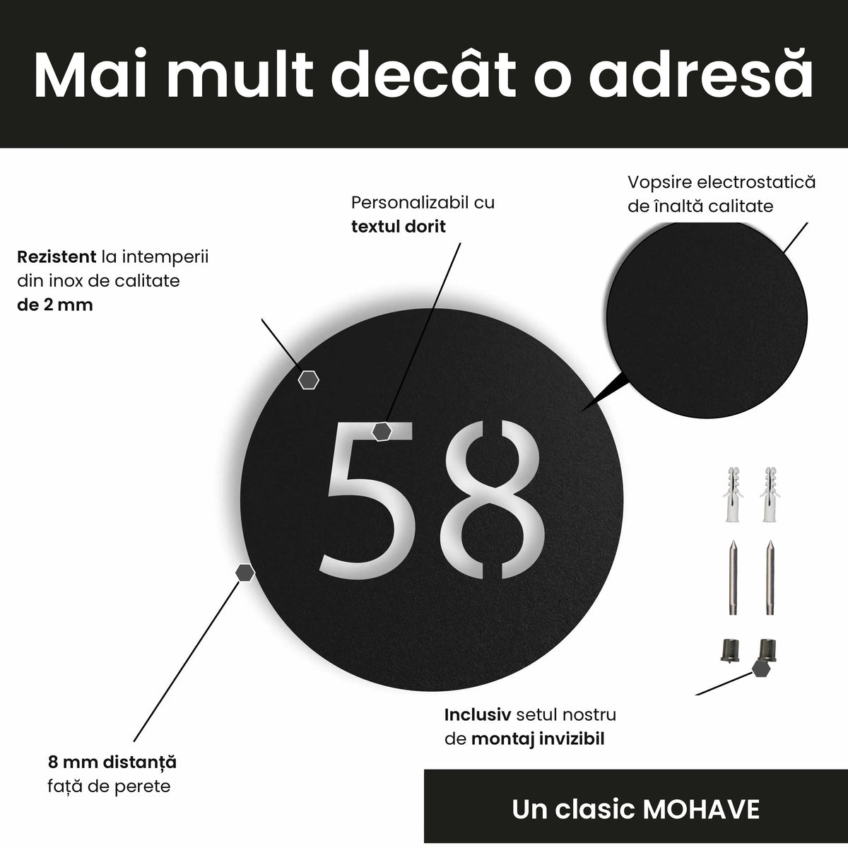 Plăcuță cu număr de casă din inox, personalizată – Număr de casă în cerc, personalizați cu numărul și textul dorit · MOHAVE