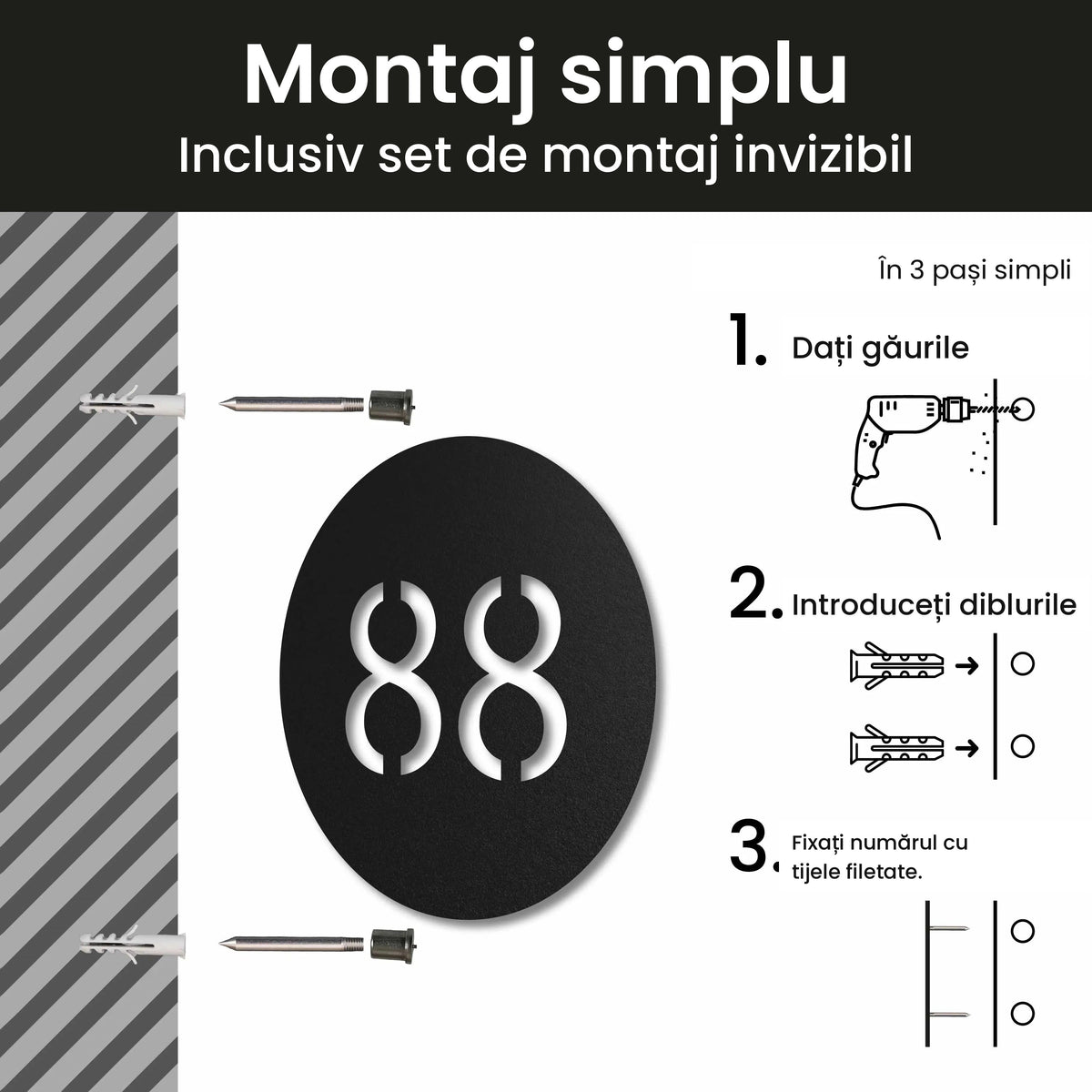 Plăcuță cu număr de casă din inox, personalizată – Număr de casă în cerc, montaj invizibil cu setul de montaj · MOHAVE