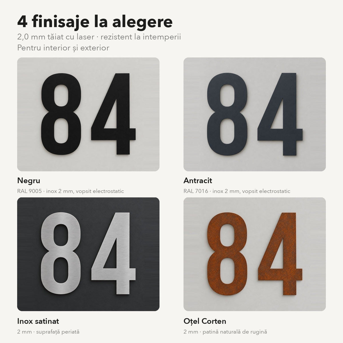 Număr de casă din inox, personalizat – Număr de casă Îndrăzneț, 4 finisaje la alegere – negru, antracit, inox satinat, oțel Corten · MOHAVE