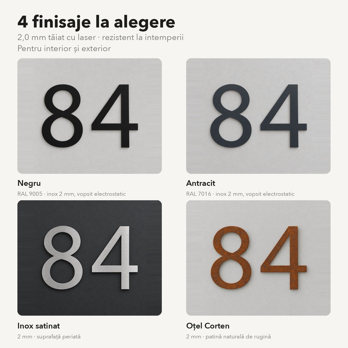 Număr de casă personalizat din inox – Număr de casă modern, 4 finisaje la alegere – negru, antracit, inox satinat, oțel Corten · MOHAVE