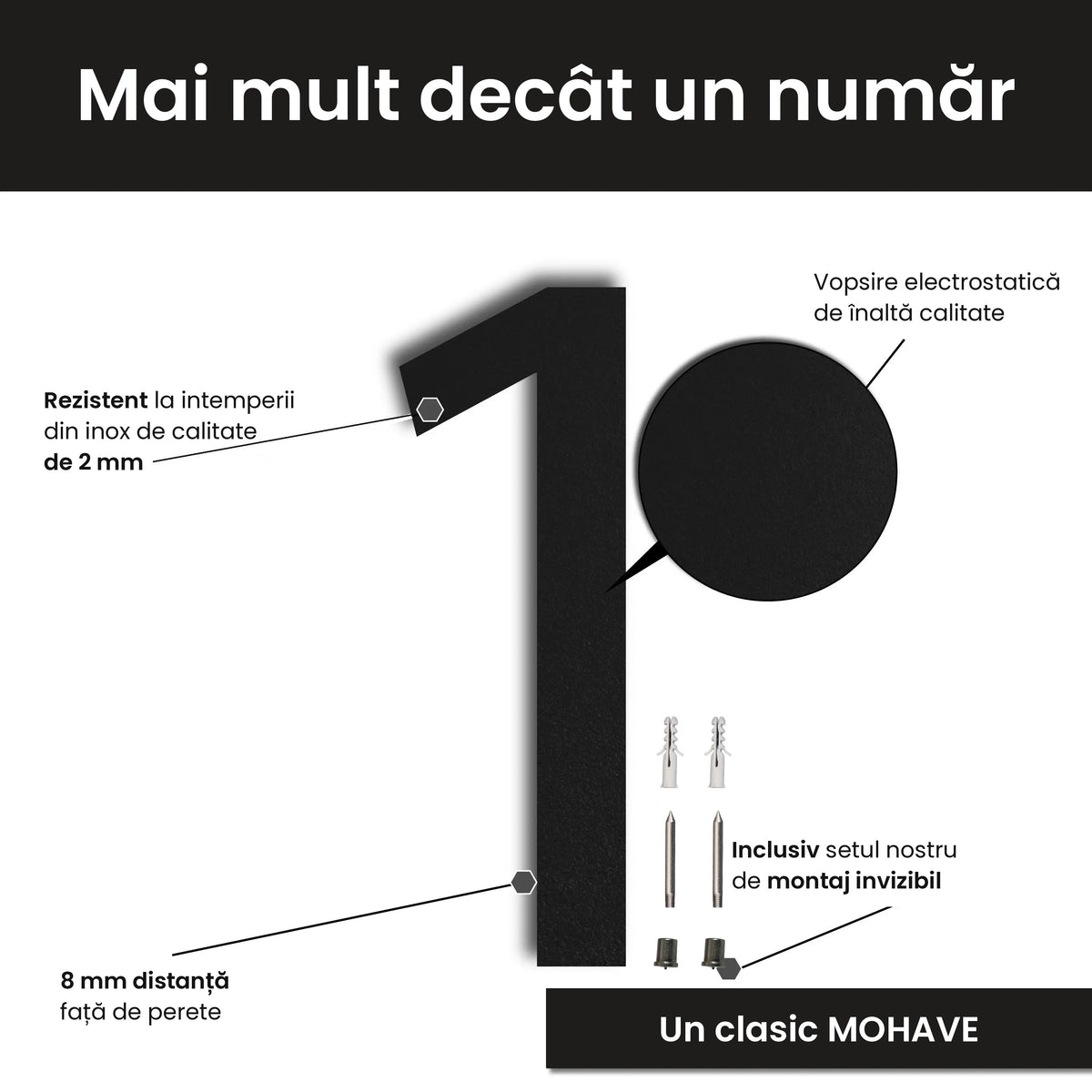 Număr de casă personalizat din inox – Număr de casă modern, 8 mm distanță față de perete, montaj invizibil · MOHAVE