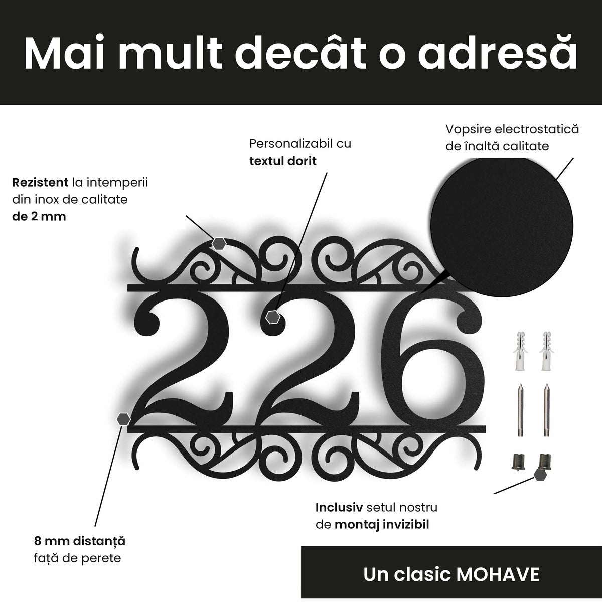 Număr de casă din inox, personalizat – Număr de casă Ornamentat, personalizați cu numărul și textul dorit · MOHAVE