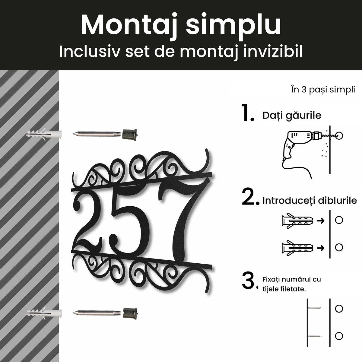 Număr de casă din inox, personalizat – Număr de casă Ornamentat, montaj invizibil cu setul de montaj · MOHAVE