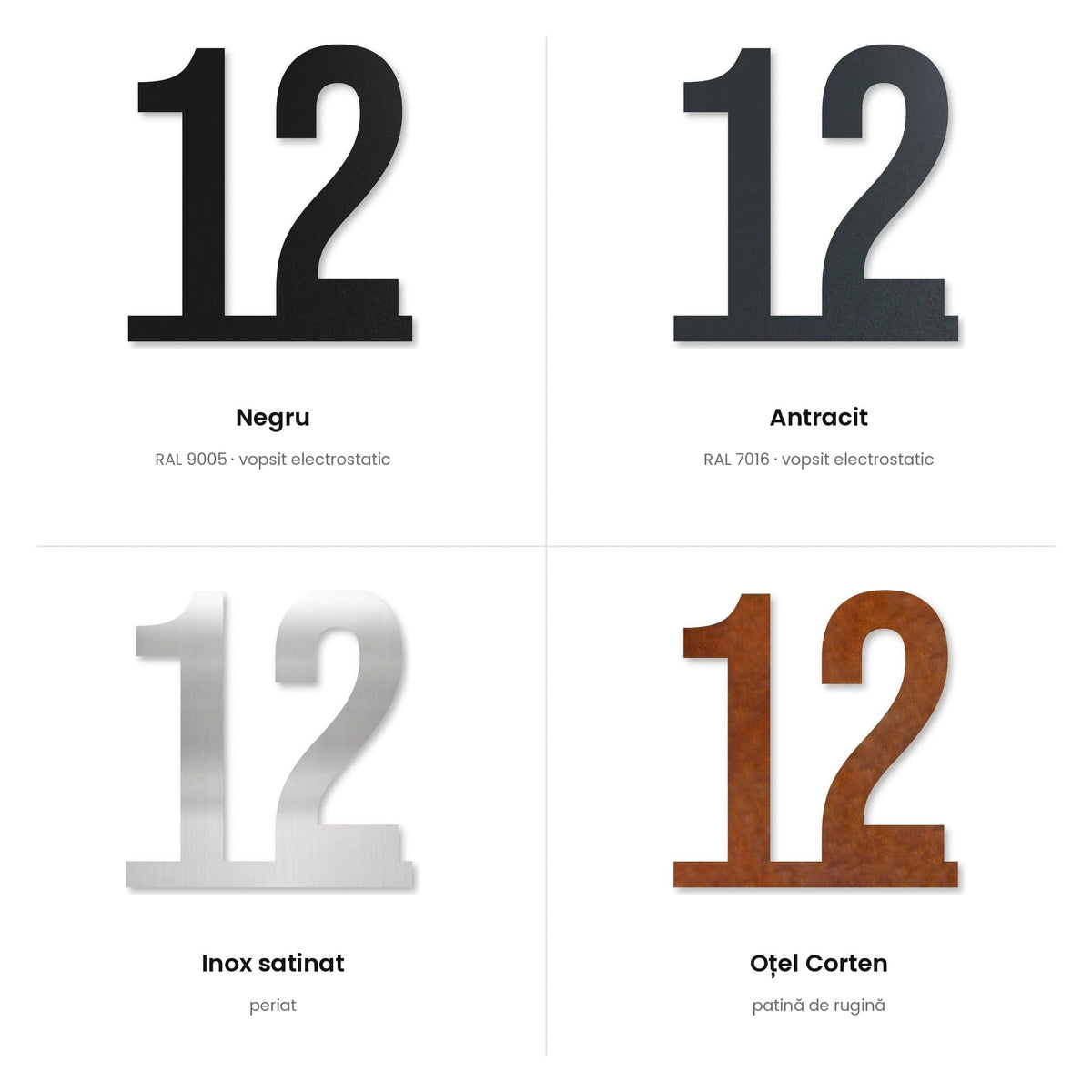 Număr de casă pe linie – toate finisajele: negru, antracit, inox satinat, oțel Corten · MOHAVE