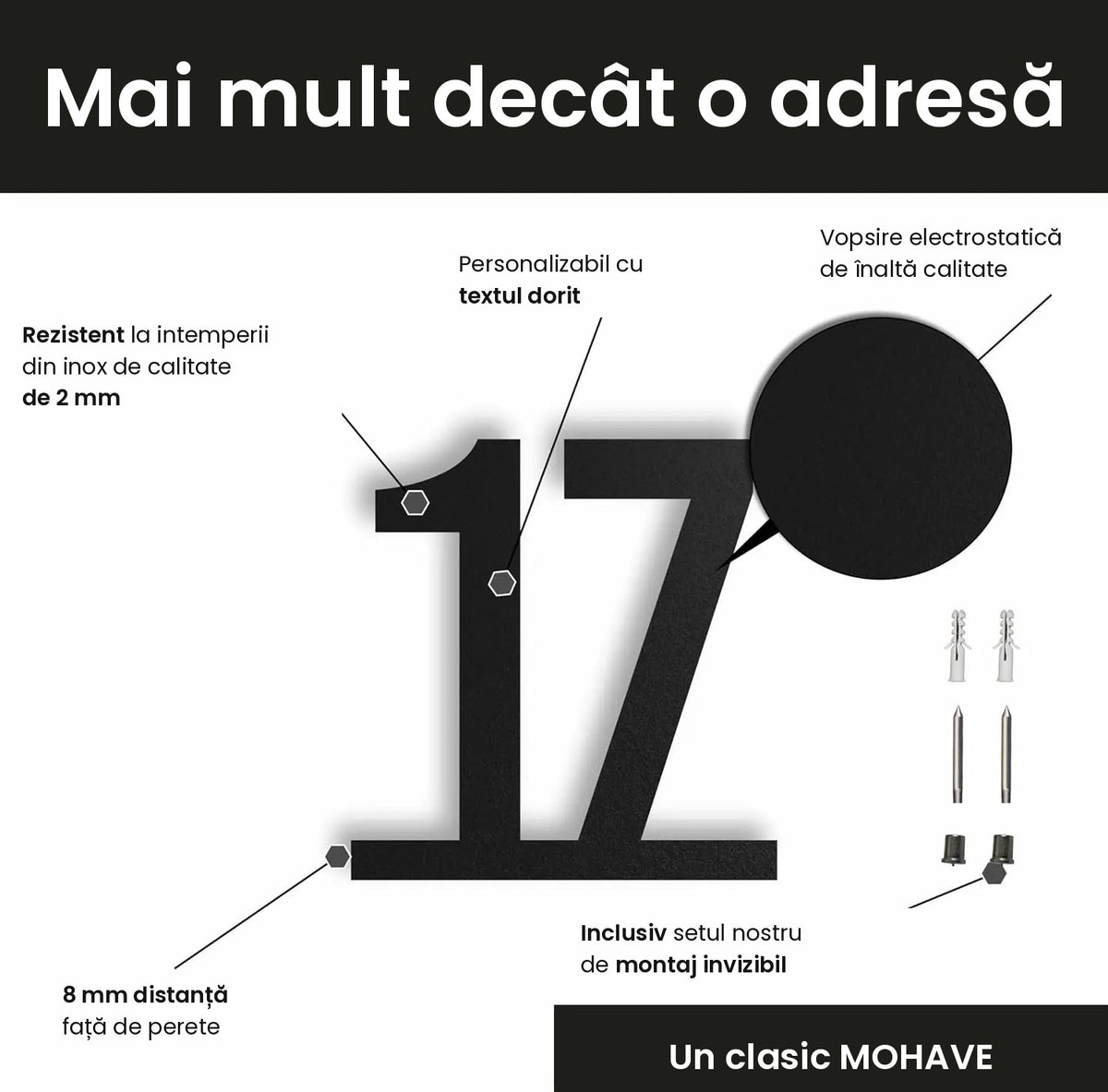Număr de casă din inox, personalizat – Număr de casă pe linie, tăiat cu laser · MOHAVE