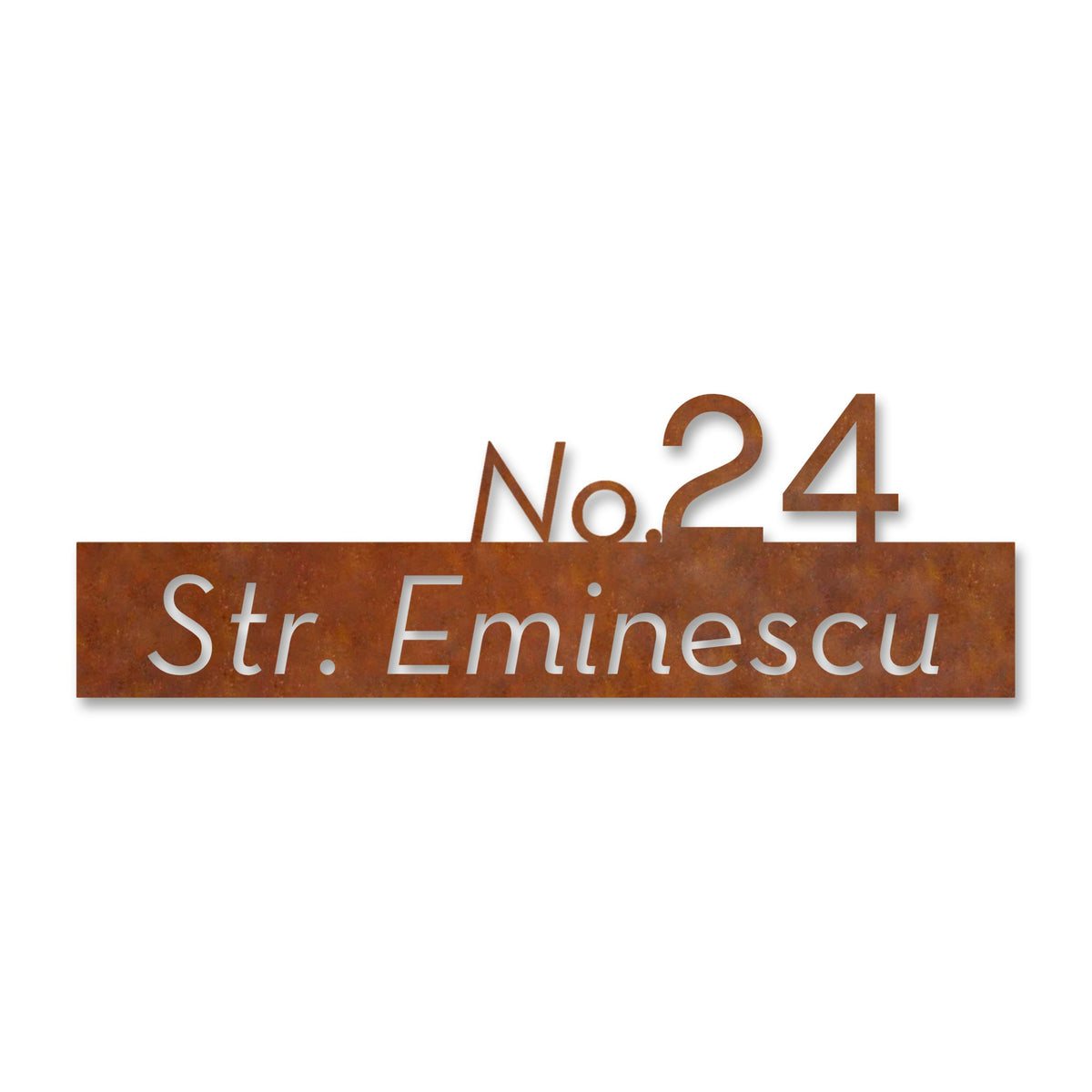 Număr modern pe plăcuță stradală, oțel Corten cu patină de rugină · MOHAVE