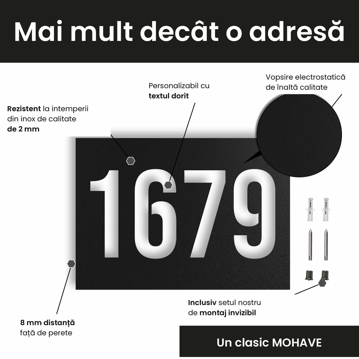 Număr de casă personalizat din inox – Plăcuță cu număr de casă, personalizați cu numărul și textul dorit · MOHAVE