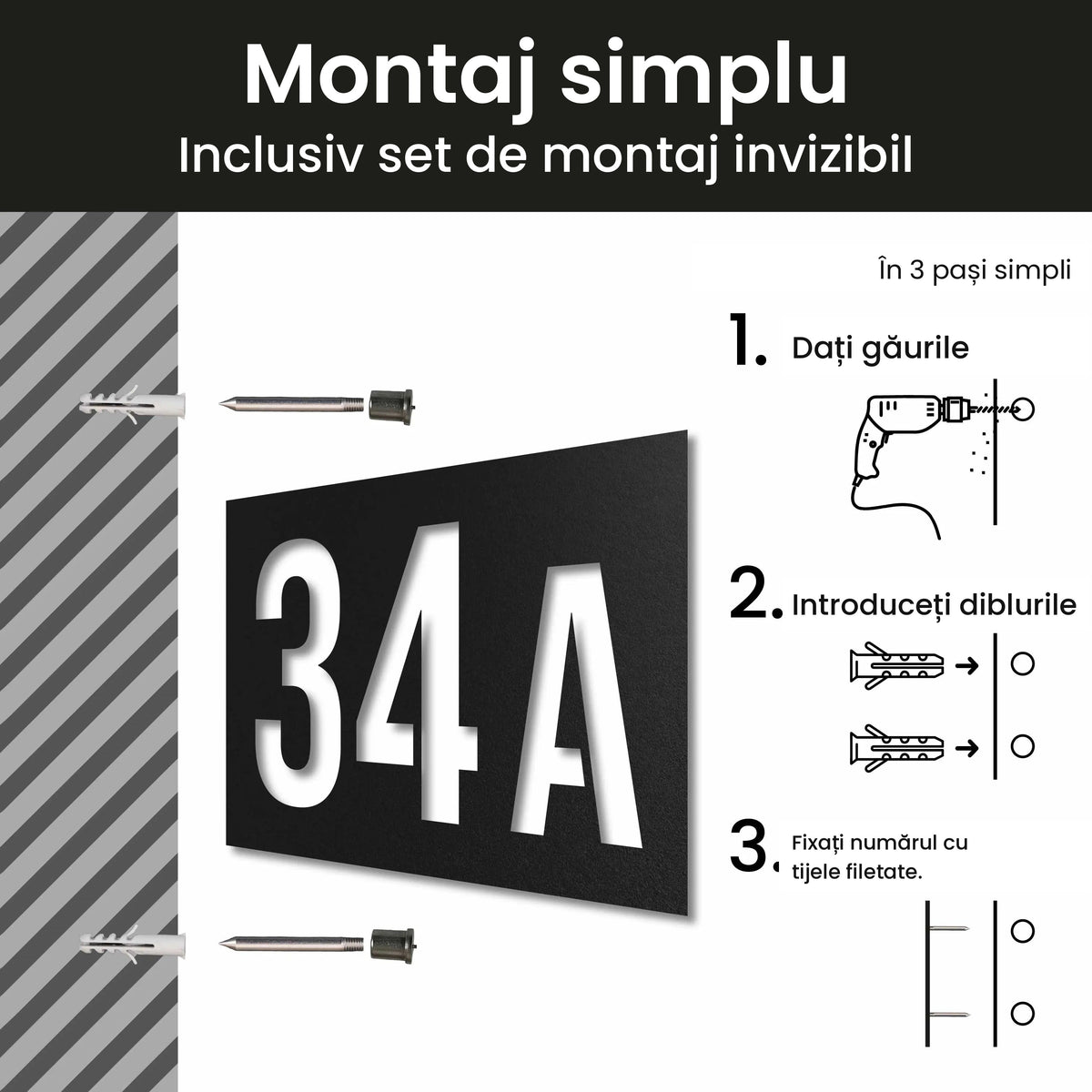 Număr de casă personalizat din inox – Plăcuță cu număr de casă, montaj invizibil cu set de montaj · MOHAVE