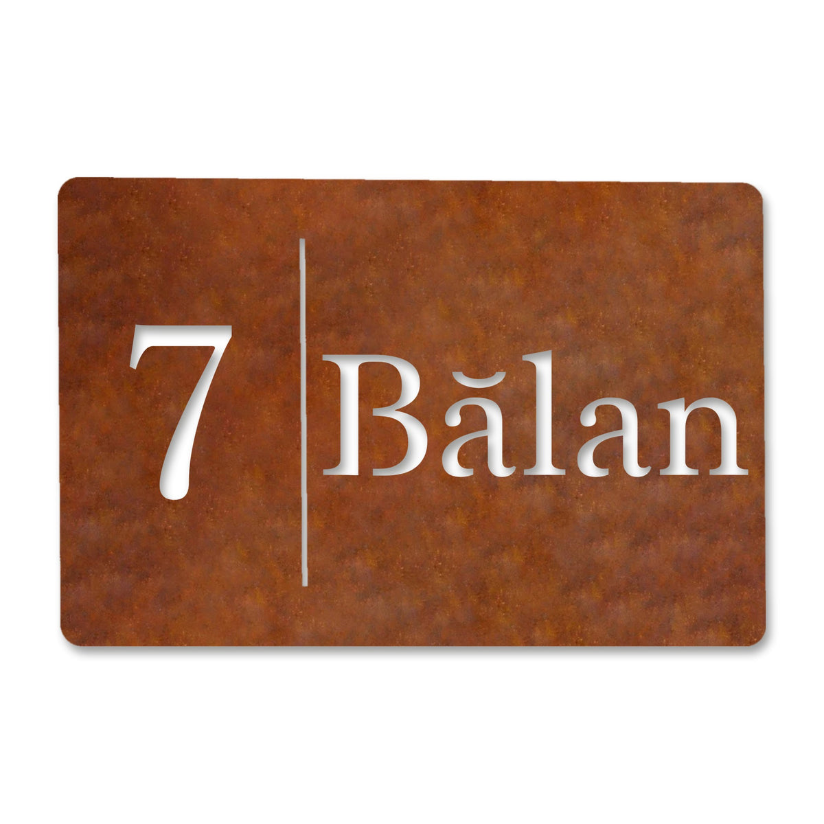 Plăcuță cu număr și nume, design modern, oțel Corten cu patină de rugină · MOHAVE