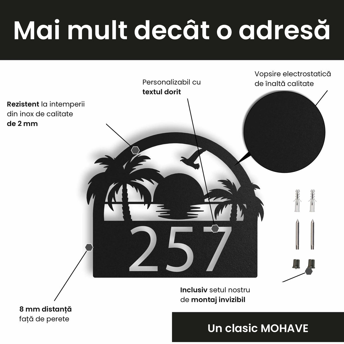 Plăcuță cu număr de casă din inox, personalizată – Plăcuță pentru casă cu apus de soare și număr, personalizați cu numărul și textul dorit · MOHAVE
