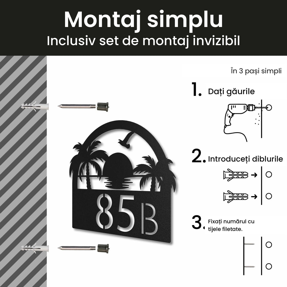 Plăcuță cu număr de casă din inox, personalizată – Plăcuță pentru casă cu apus de soare și număr, montaj cu set de montaj invizibil · MOHAVE