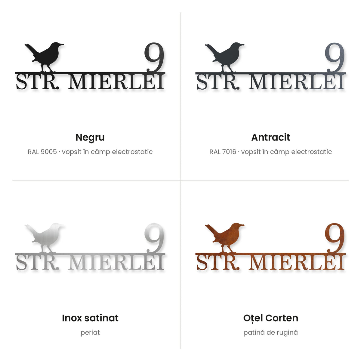 Plăcuță stradală cu motiv – finisaje negru, antracit, inox satinat, oțel Corten · MOHAVE