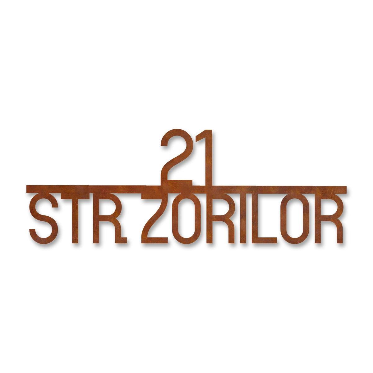 Plăcuță stradală modernă, centrată, cu colțuri rotunjite, oțel Corten cu patină de rugină · MOHAVE