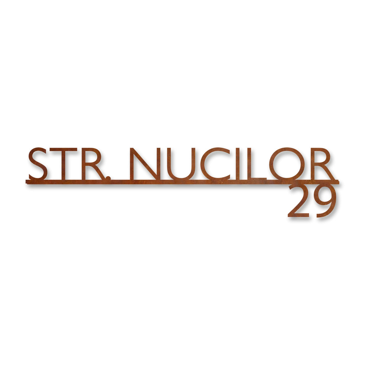Plăcuță stradală modernă (număr dedesubt), oțel Corten cu patină de rugină · MOHAVE