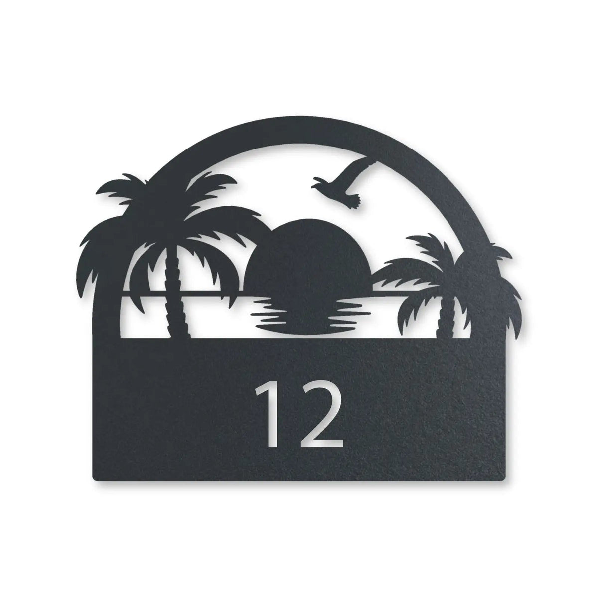 Plăcuță cu număr de casă din inox, personalizată – Plăcuță pentru casă cu apus de soare și număr, inox vopsit antracit RAL 7016 · MOHAVE [checkout]