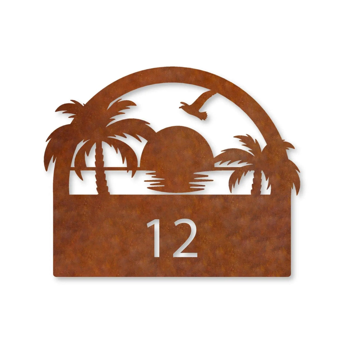 Plăcuță cu număr de casă din inox, personalizată – Plăcuță pentru casă cu apus de soare și număr, oțel Corten, patină de rugină · MOHAVE [checkout]