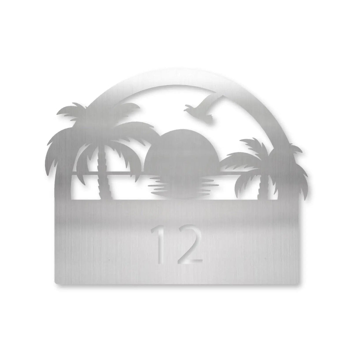 Plăcuță cu număr de casă din inox, personalizată – Plăcuță pentru casă cu apus de soare și număr, inox satinat · MOHAVE [checkout]