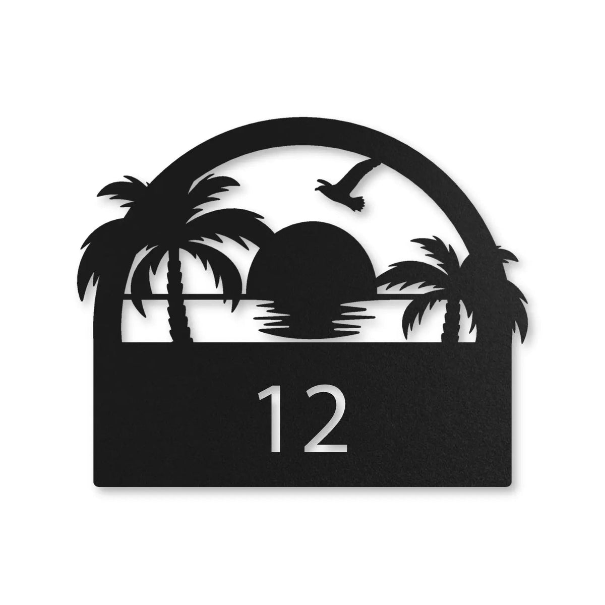 Plăcuță cu număr de casă din inox, personalizată – Plăcuță pentru casă cu apus de soare și număr, inox vopsit negru RAL 9005 · MOHAVE [checkout]